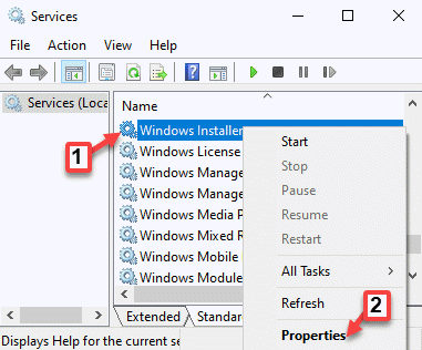 Ime storitve Namestitev programa Windows Installer z desno miškino tipko