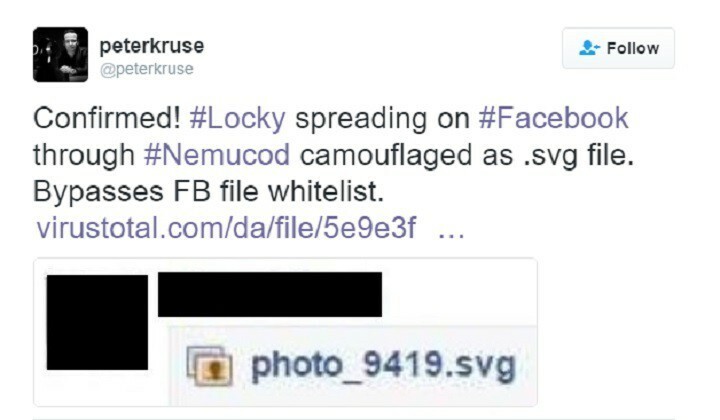 Facebook'ta yayılan Locky fidye yazılımı .svg dosyası olarak gizlendi
