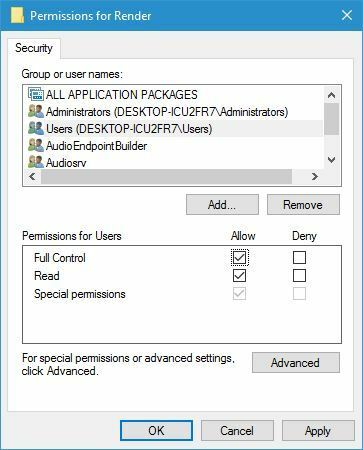 permissões para renderizar o controle total O dispositivo de áudio está desativado no Windows 10 