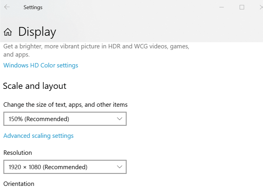 Змініть роздільну здатність дисплея та розмір тексту в Windows 10