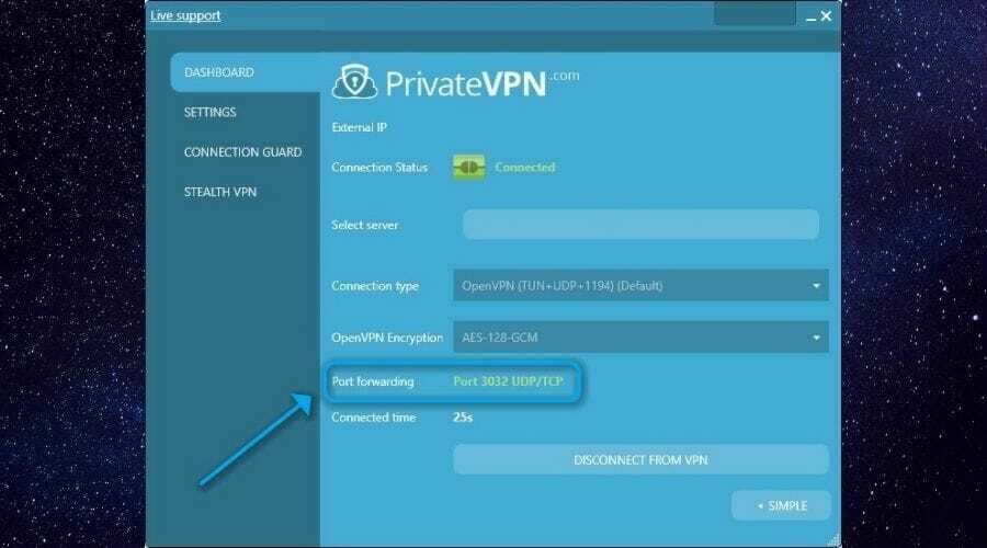 PrivateVPN port videresending