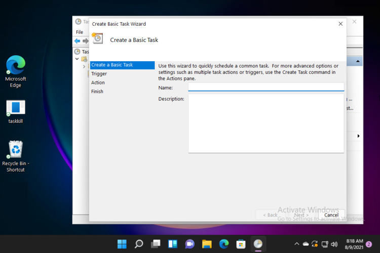 määrake ülesande nimi ja kirjeldus Windows 11