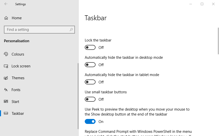 Taskleistenoptionen zum Wiederherstellen der Symbolleiste in Windows 10