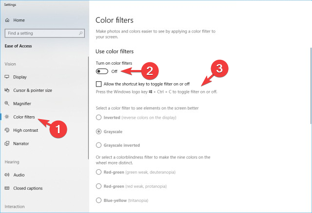 Matikan Filter warna untuk memperbaiki kotak hitam putih di layar komputer