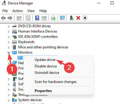 Clique com o botão direito do mouse no driver Monitor no Gerenciador de dispositivos e selecione Atualizar driver