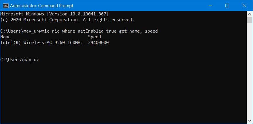 wmic nic kommandokontrol netværkskortets hastighed windows 10