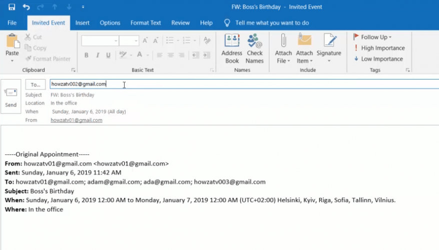 e-mail s přeposláním schůzky, jak předat pozvánku na schůzku