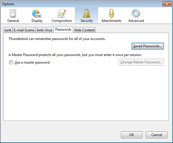 Zapisane hasła Thunderbirda