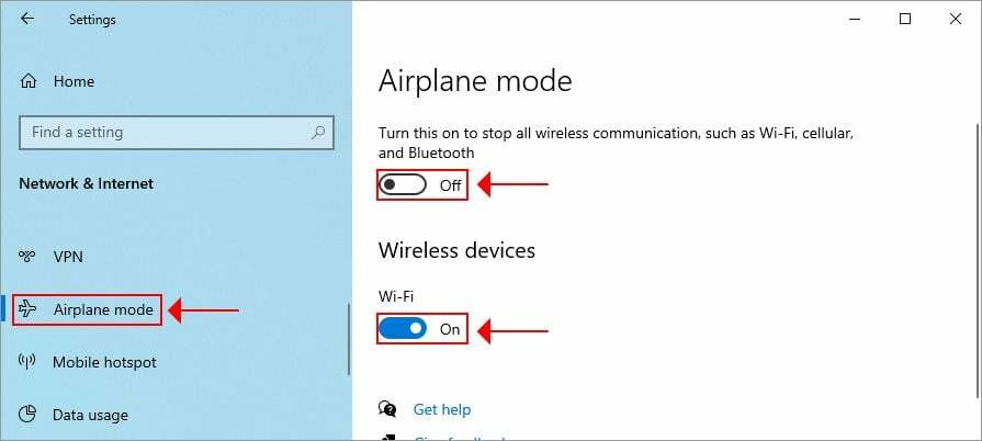 გამორთეთ თვითმფრინავის რეჟიმი Windows 10-ზე