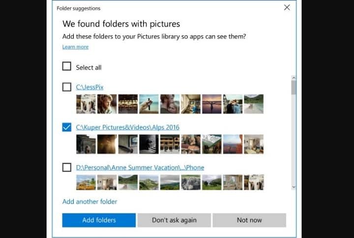 Windows 10は自動的にメディアファイルを検出し、フォルダーの提案を行います