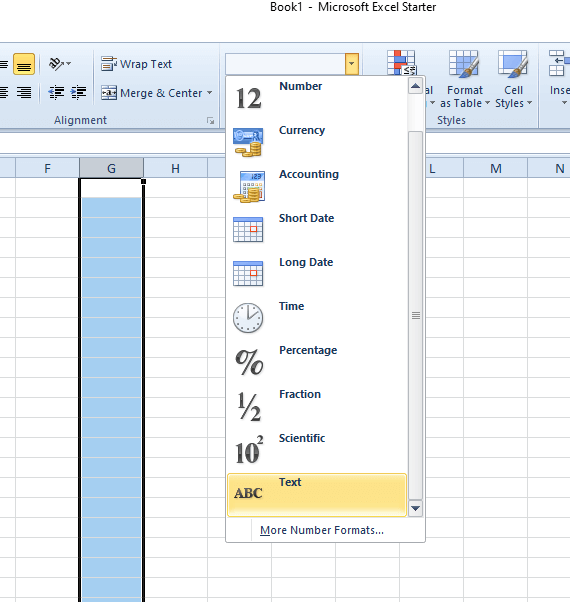 Rozwijane menu formatu liczb nie pozwala programowi Excel na zmianę liczb na daty.