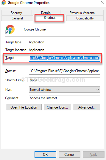 Texte de vérification de la cible du raccourci des propriétés de Google Chrome