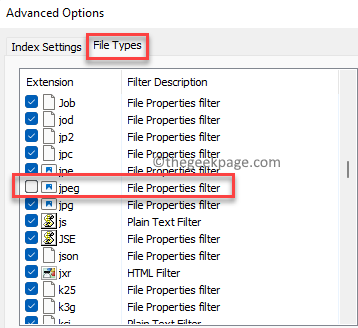 उन्नत विकल्प फ़ाइल प्रकार टैब एक्सटेंशन सूची से फ़ाइल प्रकार को अनचेक करें