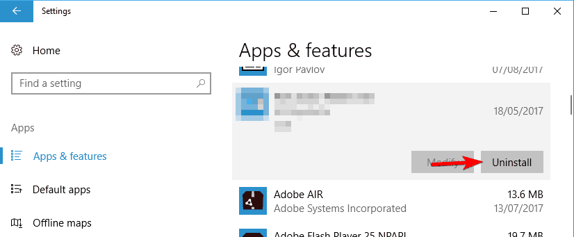 Windows 10: n sormenjälkitunnus ei ole käytettävissä sovelluksia ja ominaisuuksia poistaa sovelluksen