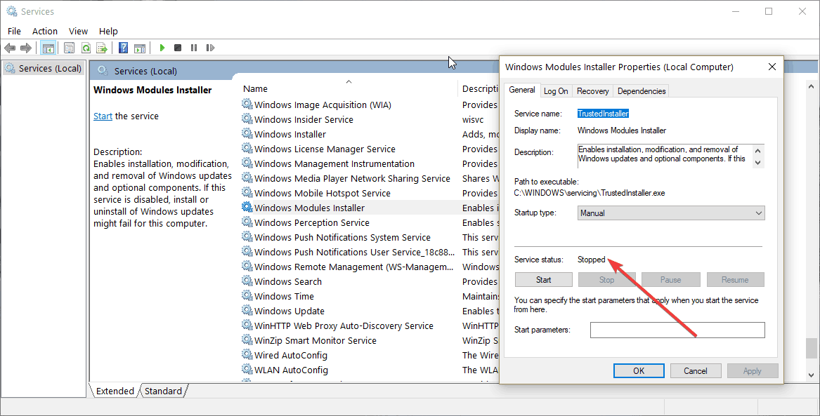 programma di installazione del modulo Windows interrotto