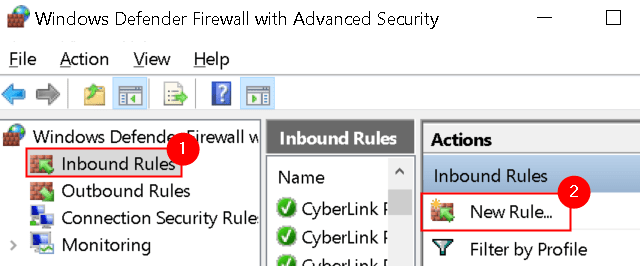 Windows Firewall Advanced Security შემომავალი წესები ახალი წესი მინ