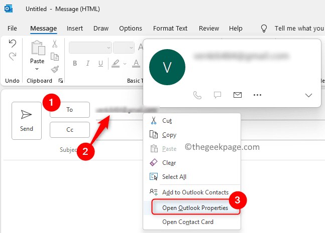 Διεύθυνση email του Outlook Επιλέξτε Άνοιγμα ιδιοτήτων του Outlook Ελάχ
