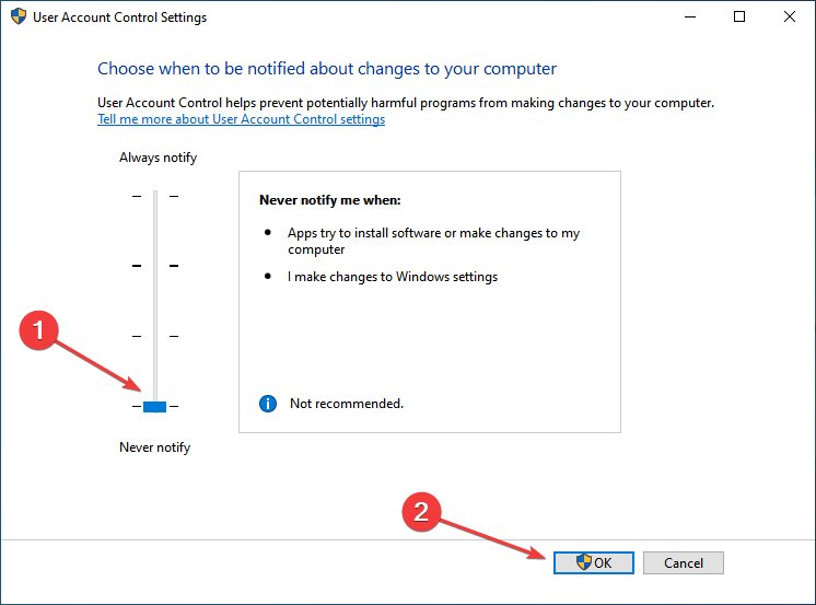 deaktivovat UAC za opravu negovaného přístupu ke všem správcům Windows 10