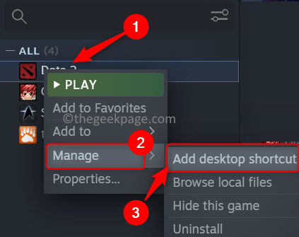 Steam lietotne Ar peles labo pogu noklikšķiniet uz Pārvaldīt Ass darbvirsmas saīsni Min