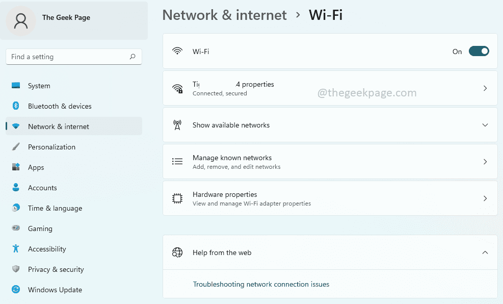 עמוד הגדרות Wifi מינימום