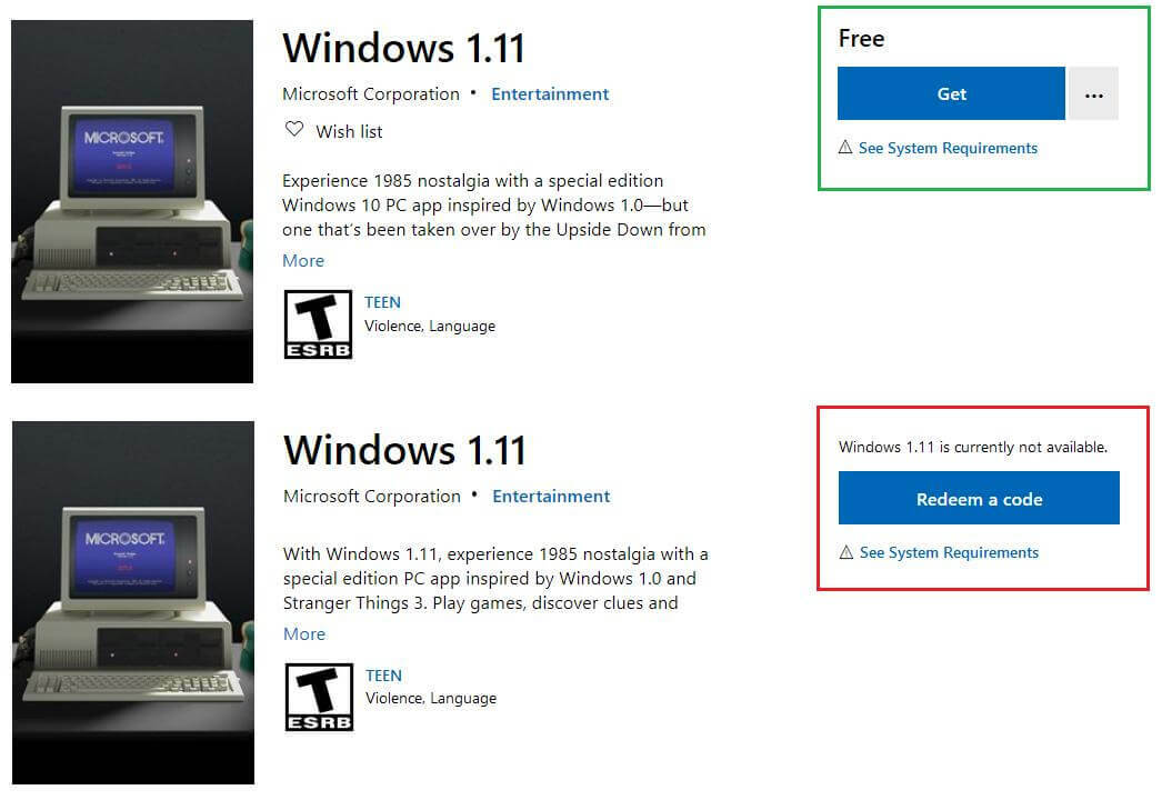 Windows 1.11 rakendus on loetletud Microsofti poes