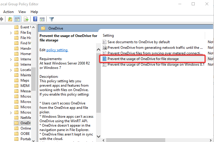 Impedisci l'utilizzo di OneDrive per l'archiviazione di file GPE