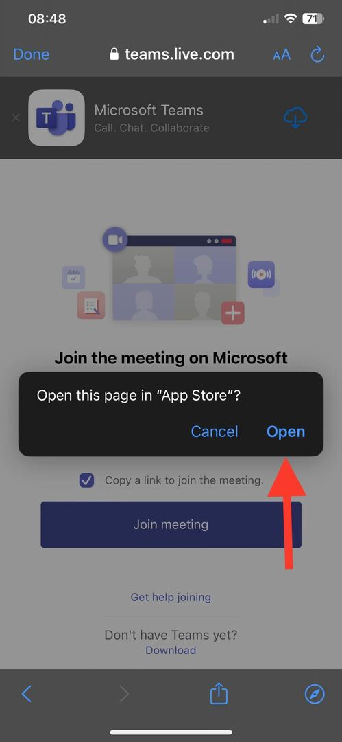 Kattintson az App Store -Csatlakozás Microsoft Teams-találkozóhoz fiók nélkül lehetőségre