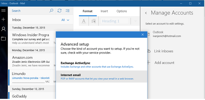 ne morem shraniti Outlook gmail v Windows 10 mail app 2