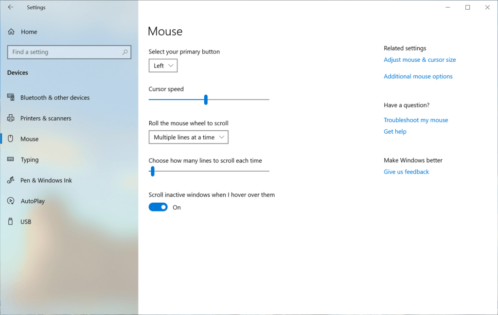 Mauszeigergeschwindigkeit in den Einstellungen Preview Build 18963