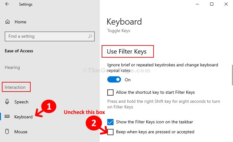 アクセスのしやすさインタラクションキーボード使用フィルターキーキーが押されたとき、または受け入れられたときにビープ音をオフにします