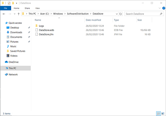 Podadresář DataStore Windows Update Chyba 8020002e