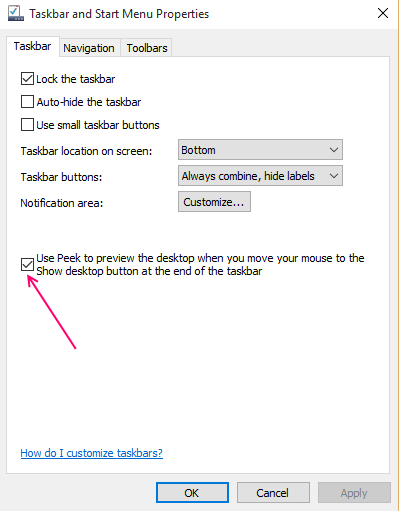 Så här aktiverar / inaktiverar du Desktop Peek i Windows 10