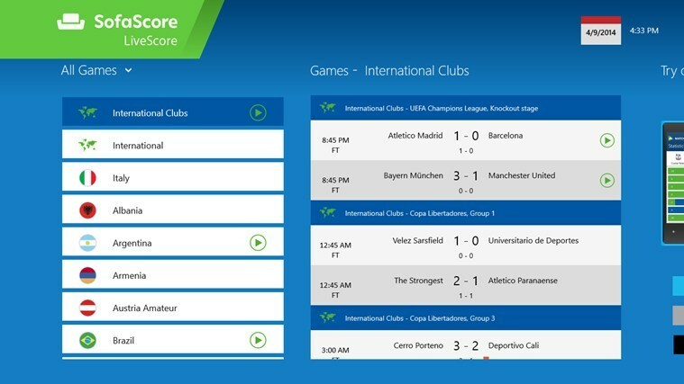 Obtenez les scores en direct de la Coupe du monde Brésil 2014 avec l'application SofaScore pour Windows 8
