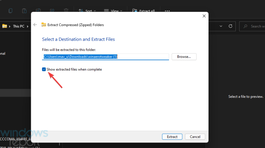 Le paramètre Afficher les fichiers extraits une fois terminé désactive l'écran de verrouillage Windows 11