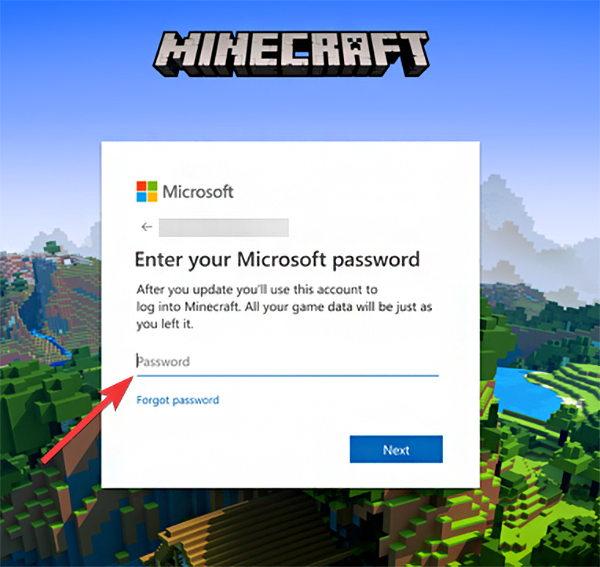 Indtast adgangskode til Microsoft for at kunne tilknytte mojang-konto
