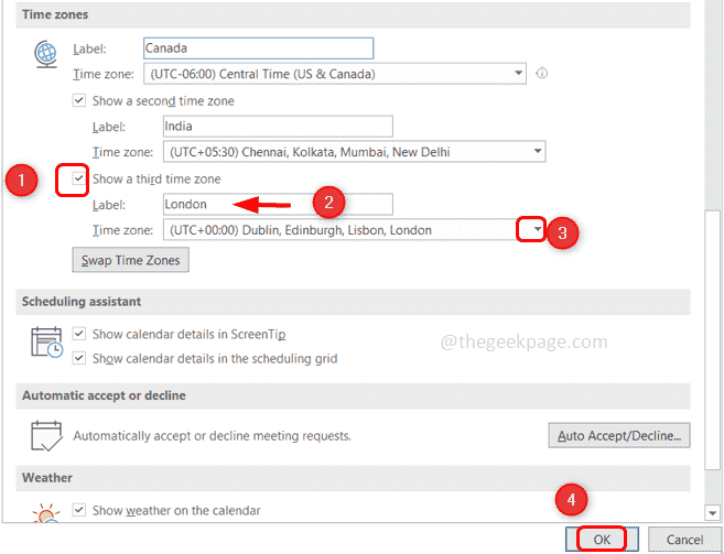 Как да добавите/премахнете допълнителни часови зони в Microsoft Outlook