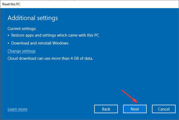 הגדרות נוספות הבא Windows 10 אפס מחשב