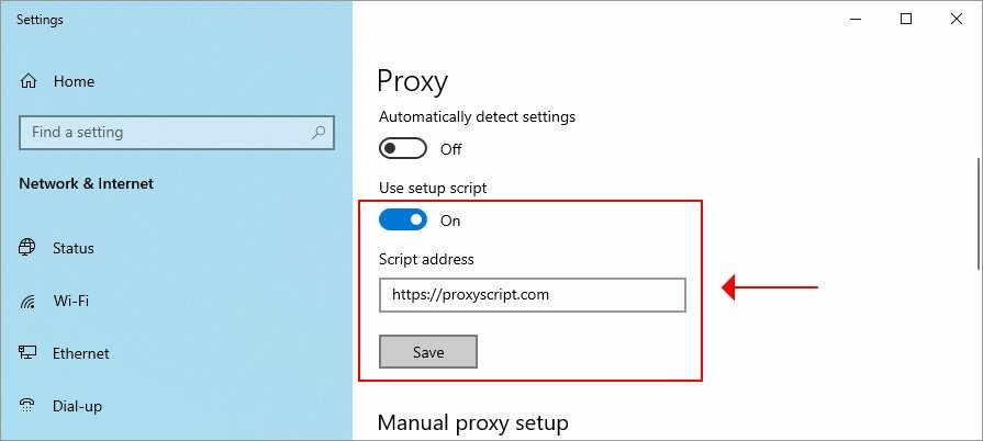 dodaj adres skryptu proxy w systemie Windows 10