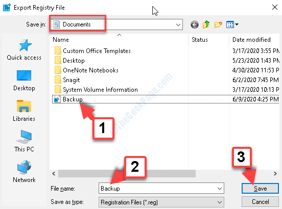 Exportați locația folderului de date de registru Creați numele folderului de rezervă Selectați Salvare folder de rezervă