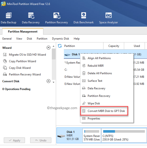 Minitool Partition Wizard Disque de gestion de partition Clic droit Convertir le disque Mbr en disque Gpt Min