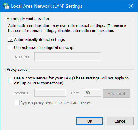 Opcja Użyj serwera proxy w systemie Windows 10 Ethernet ciągle się rozłącza