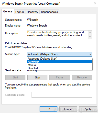 Tipul de pornire Căutare automată Windows Min