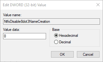 NtfsDisable8dot3NameCreation dword regedit väärtus 0