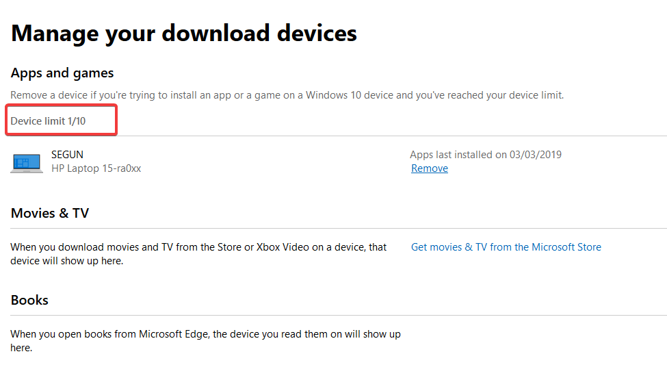 डाउनलोड डिवाइस की सीमा की जांच करें कि आपके पास कोई भी लागू डिवाइस आपके Microsoft खाते से लिंक नहीं है