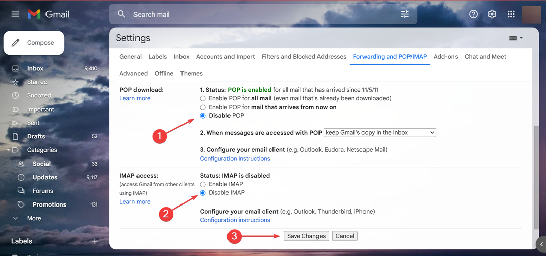 deshabilite POP e IMAP para evitar que los correos electronics vayan a la papelera en Gmail