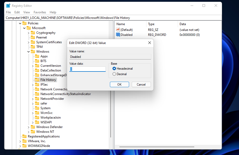 Прозорецът Редактиране на стойността на DWORD Windows 11 хронология на файловете