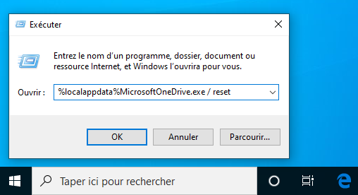 menu Executer commande localappdata One Drive