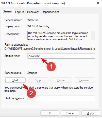configure WLAN AutoConfig en automático e inicie
