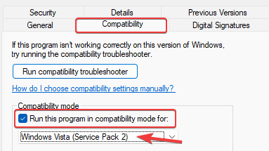 Propriétés - Mode de compatibilité - Exécutez ce programme en mode de compatibilité pour - Windows vista (server pack 2)