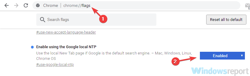Chrome: // flags Ενεργοποίηση χρησιμοποιώντας το τοπικό NTP της Google